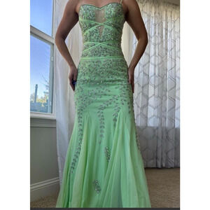 Y2k Cache Fairycore Whimsy Sequin Beaded Long Party Dress Gown Lime Green Small